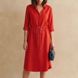 LEGGIADRO Classic Cinched Waist Midi Shirt Dress in Red